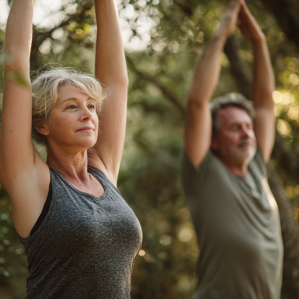 Middle-aged adults practicing gentle yoga movements in natural setting