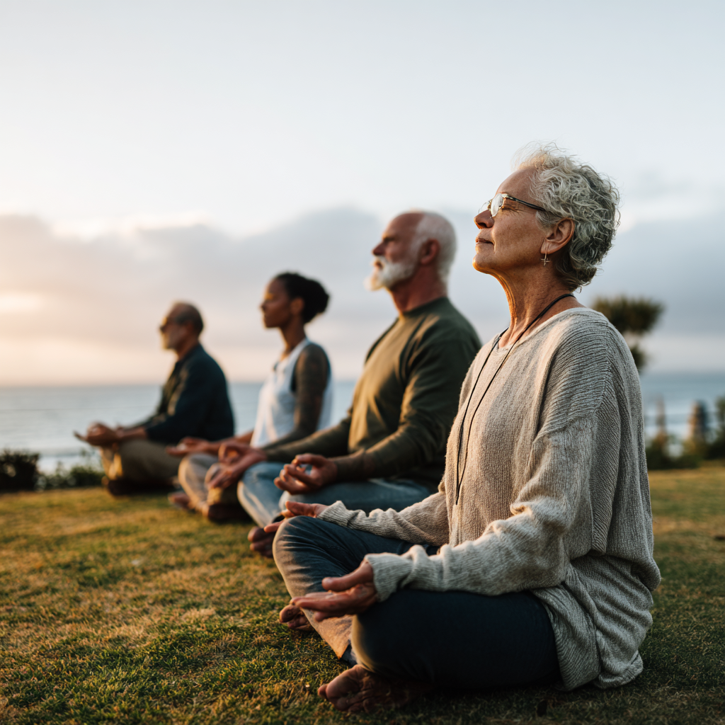 Older adults in peaceful meditation session outdoors